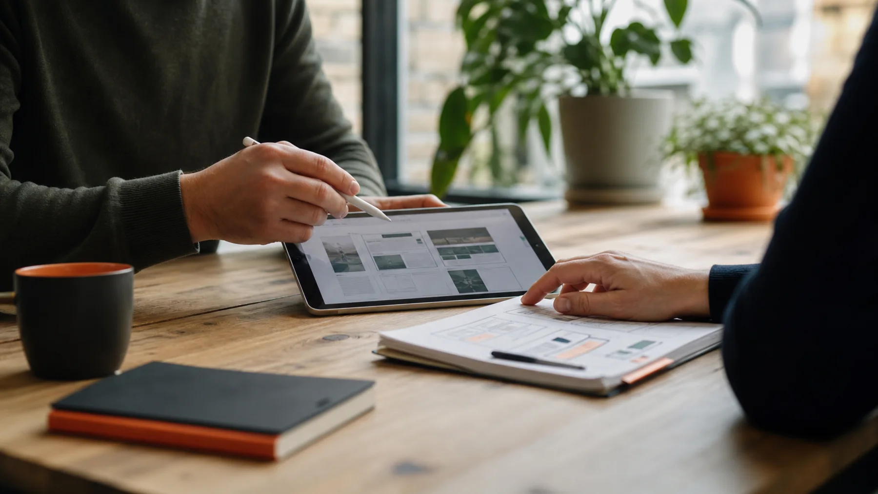 Planungstisch mit Laptop, Notizen und Arbeitsmaterial