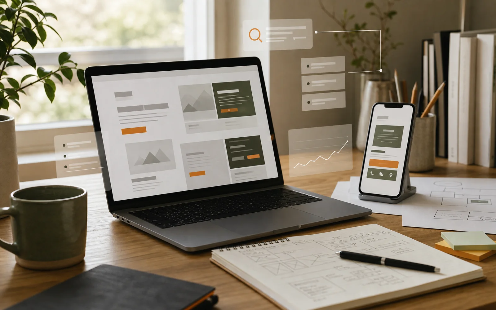 Arbeitsplatz mit Website-Struktur, Kontaktwegen und digitalen Ebenen